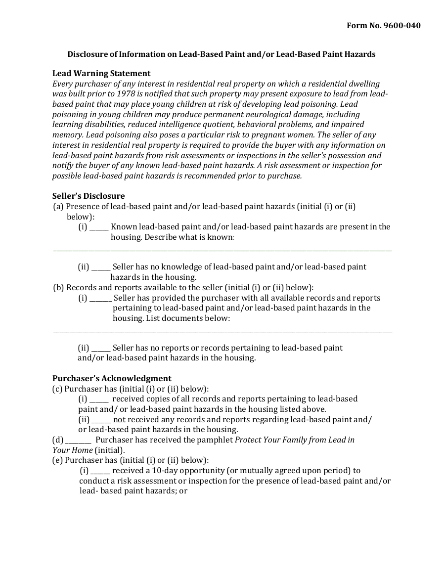 First page of the official U.S. Environmental Protection Agency EPA Form 9600-040 Sample Seller Lead Disclosure Form