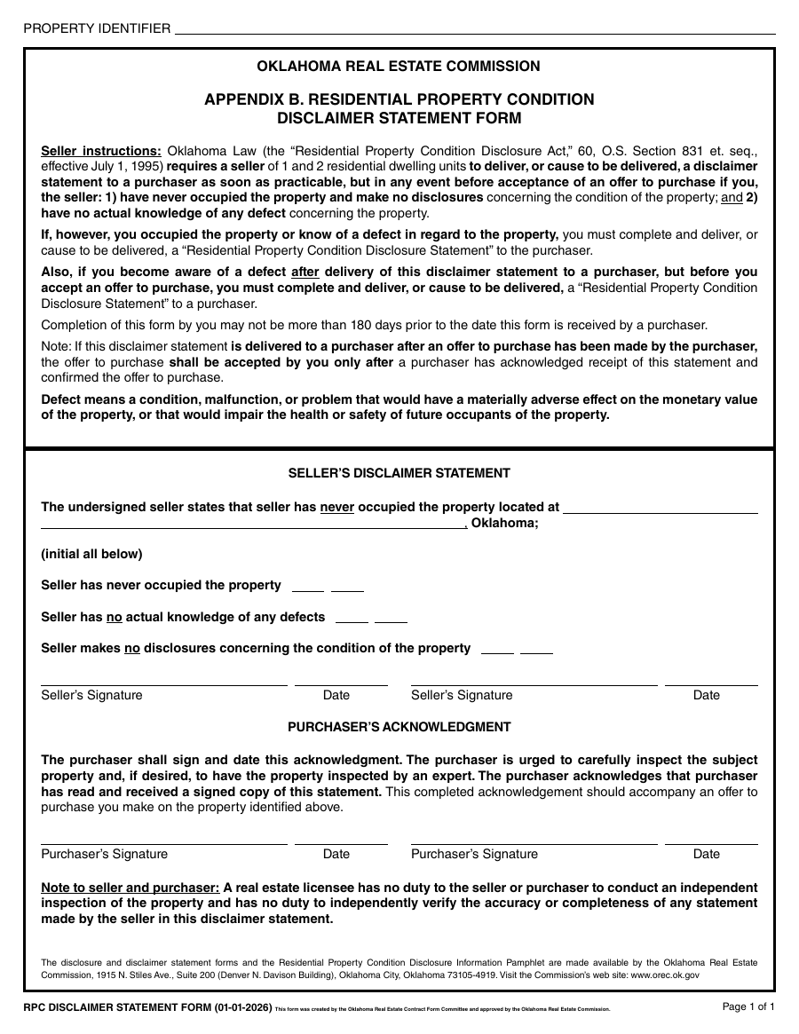 First page of the official Oklahoma Real Estate Commission OREC Appendix B Residential Property Condition Disclaimer Statement