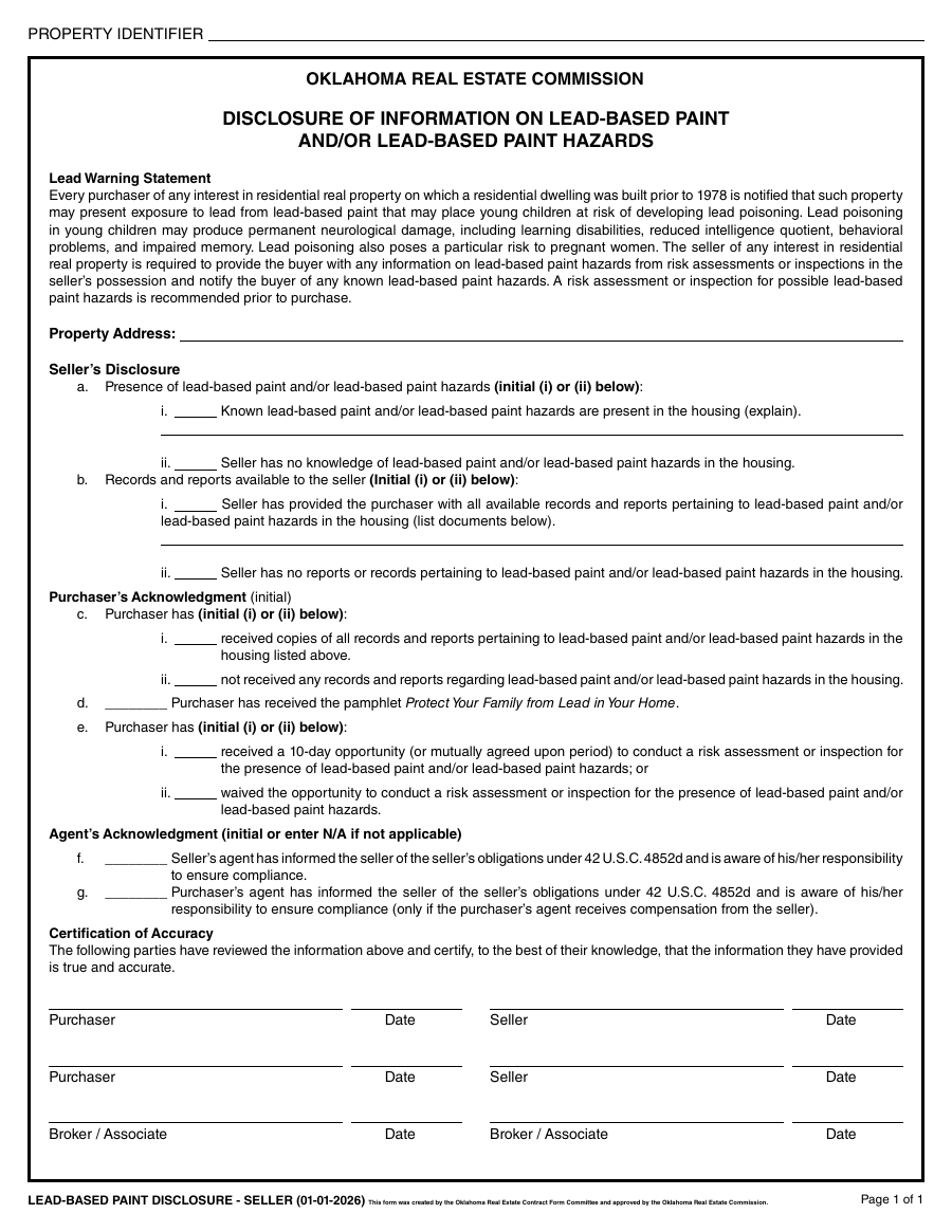 First page of the official Oklahoma Real Estate Commission OREC Lead-Based Paint Disclosure Lead-Based Paint Seller Disclosure