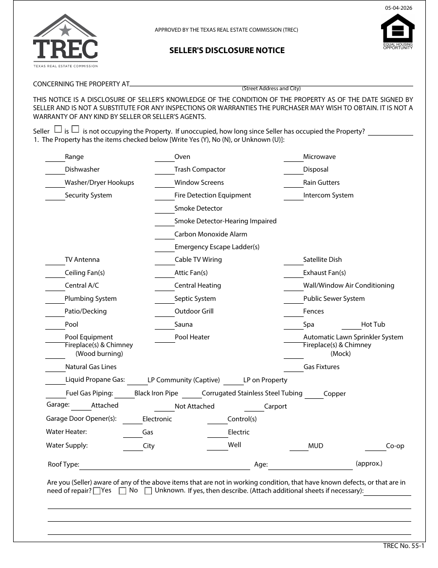 First page of the official Texas Real Estate Commission TREC 55-1 Seller's Disclosure Notice